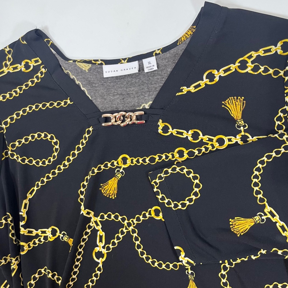 Susan Graver Tunic Top Womens XL Liquid Knit Black Gold Chain Stretch Nautical
